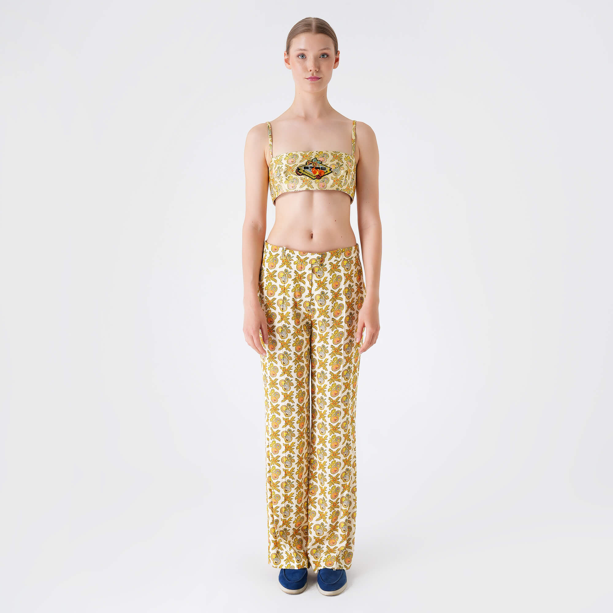 Etro - Yellow&Orange Cherry Floral Print Viscose Flare Pants